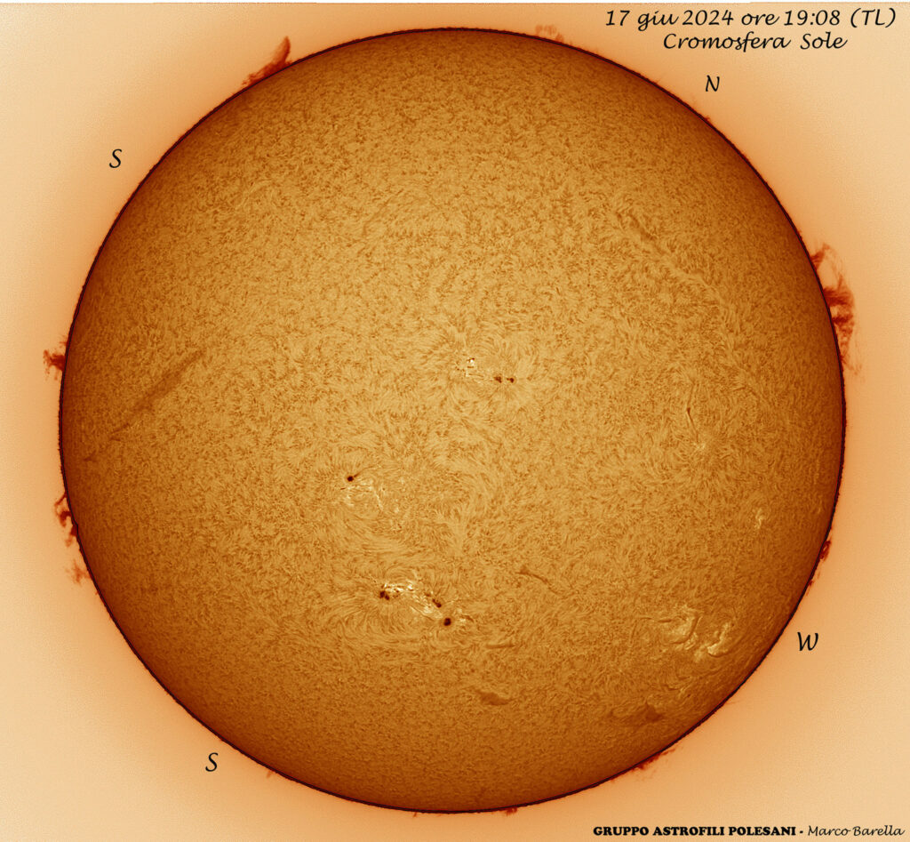 Foto del sole ripreso il 17 giugno 2024 da Marco Barella; sono evidenti prominenze e aree attive.