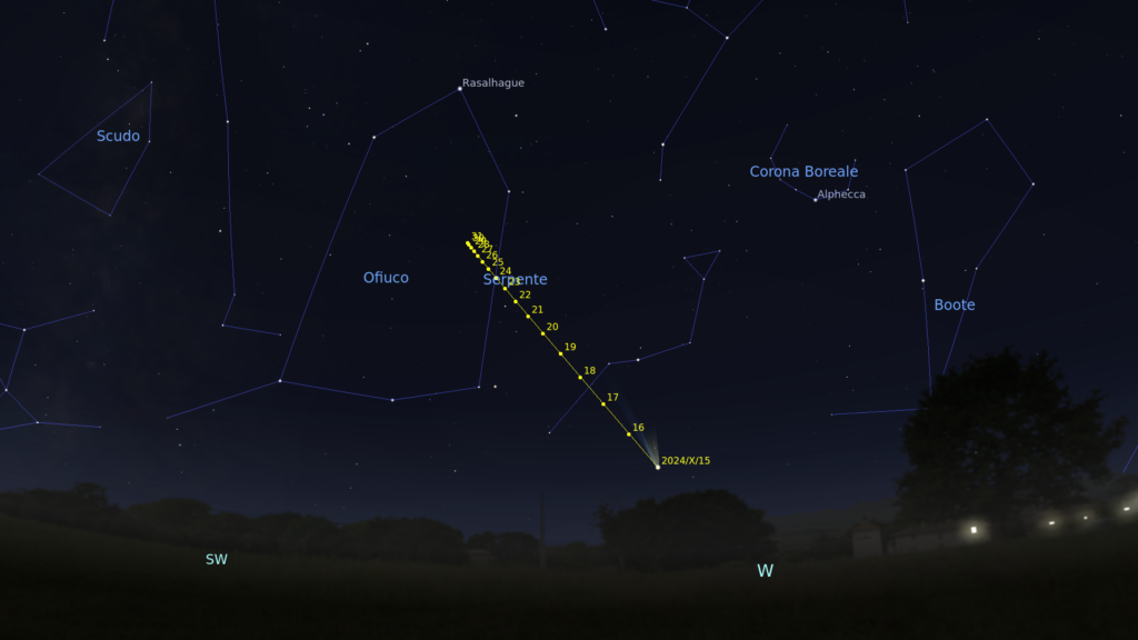 Simulazione con Stellarium della posizione della cometa C/2023 A3 tra il 15 e il 31 ottobre 2024 alle ore 20:00