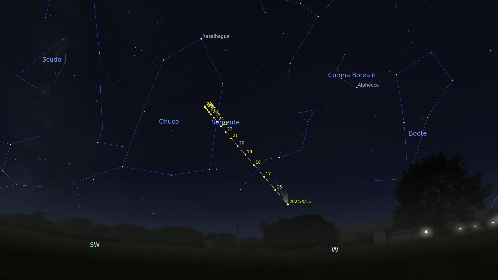 Simulazione con Stellarium della posizione della cometa C/2023 A3 tra il 15 e il 31 ottobre 2024 alle ore 20:00