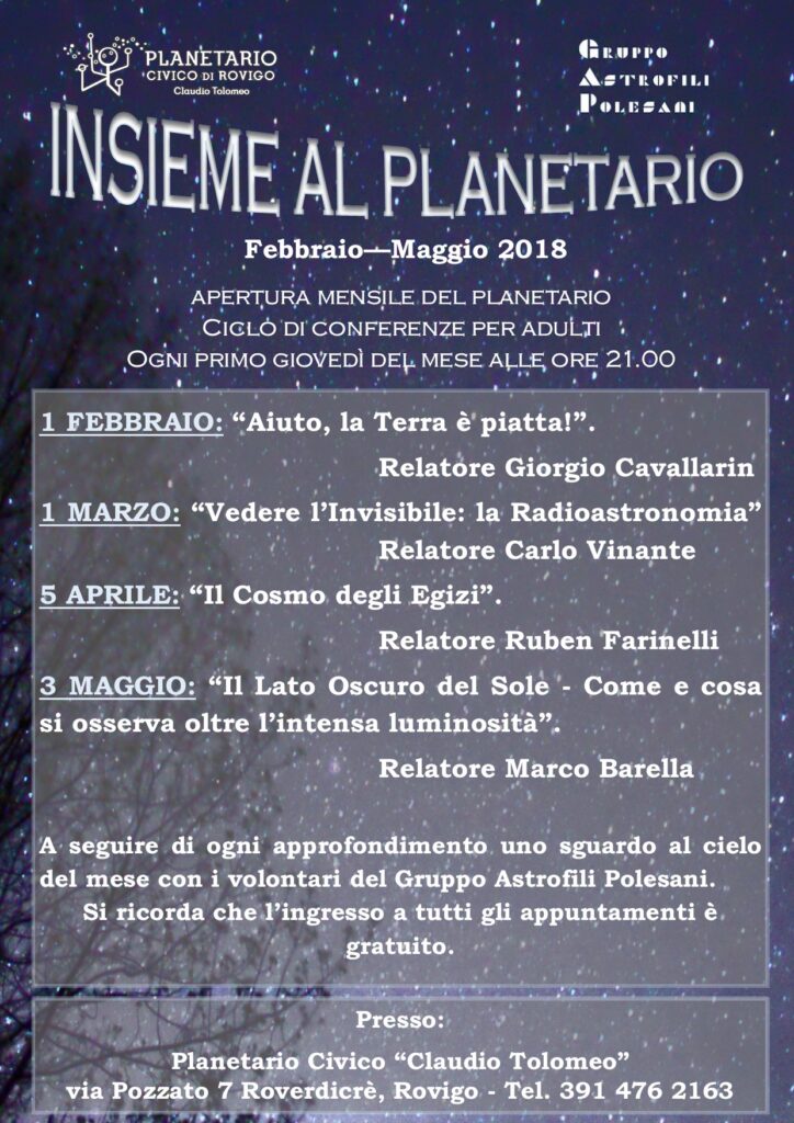 Locandina "insieme al planetario" febbraio-maggio 2018